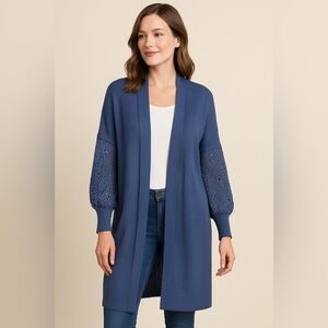 NorthStyle Long Open Front Cardigan with Lace Sleeves – Large